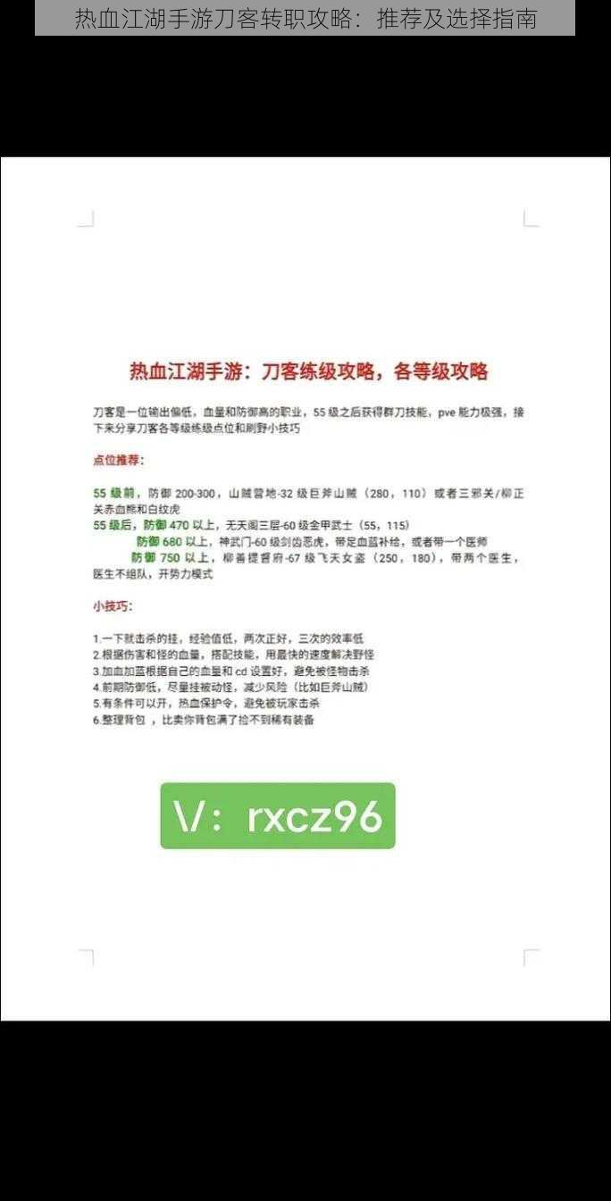 热血江湖手游刀客转职攻略：推荐及选择指南