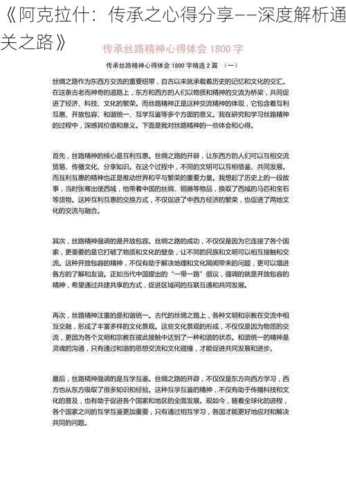 《阿克拉什：传承之心得分享——深度解析通关之路》