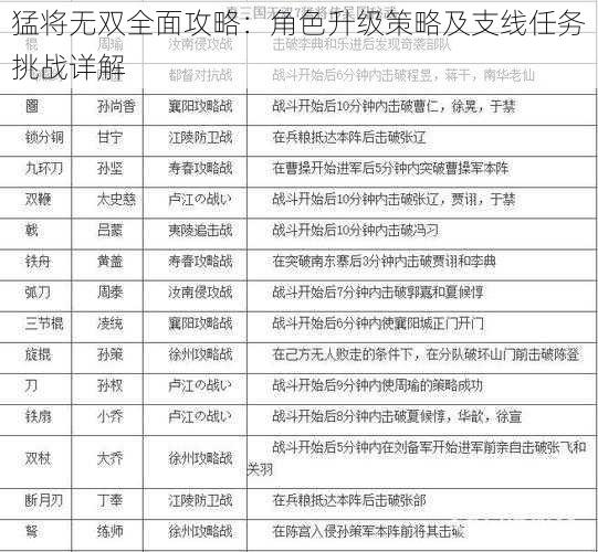 猛将无双全面攻略：角色升级策略及支线任务挑战详解