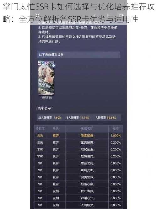 掌门太忙SSR卡如何选择与优化培养推荐攻略：全方位解析各SSR卡优劣与适用性