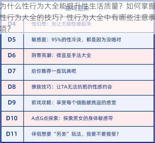 为什么性行为大全能提升性生活质量？如何掌握性行为大全的技巧？性行为大全中有哪些注意事项？