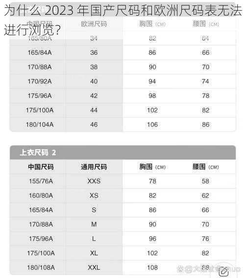 为什么 2023 年国产尺码和欧洲尺码表无法进行浏览？