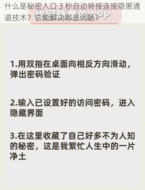 什么是秘密入口 3 秒自动转接连接隐匿通道技术？它能解决哪些问题？