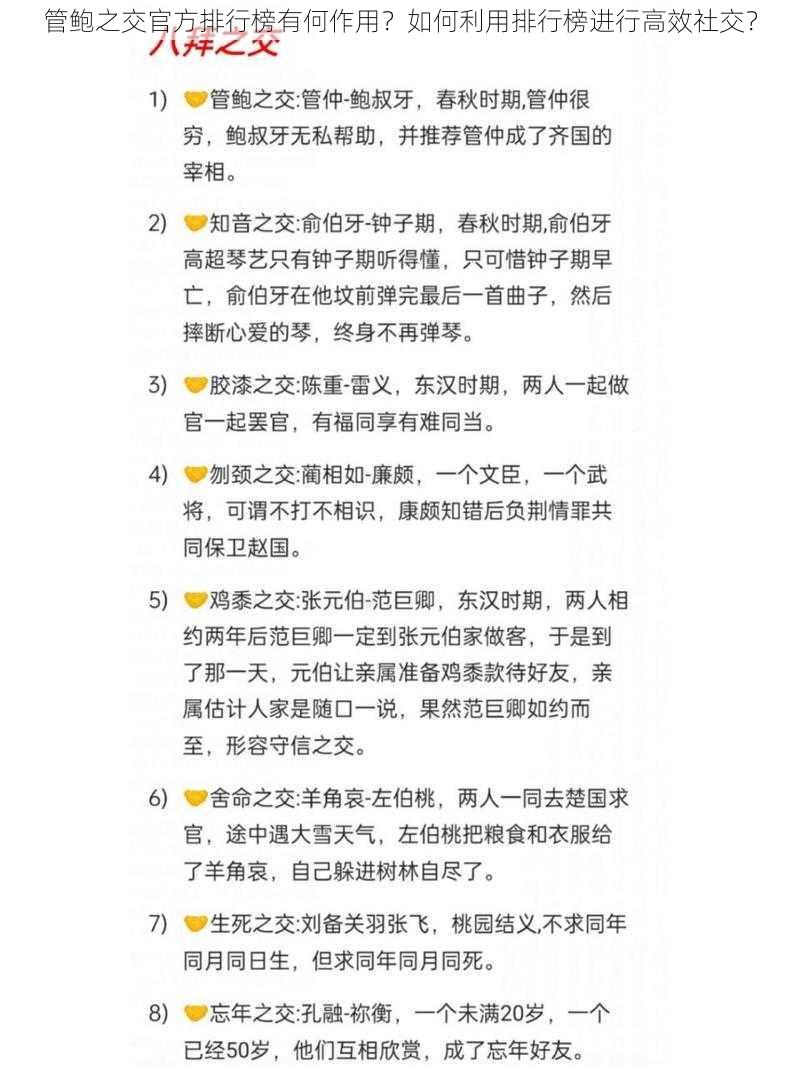 管鲍之交官方排行榜有何作用？如何利用排行榜进行高效社交？